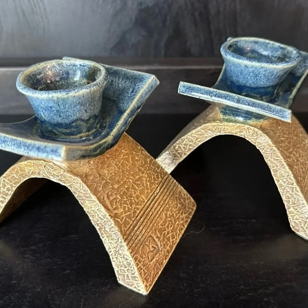 Candlestick Holders 2 Glazed Crafted For Tapers Blue Brown Artisy MCM Signed AG